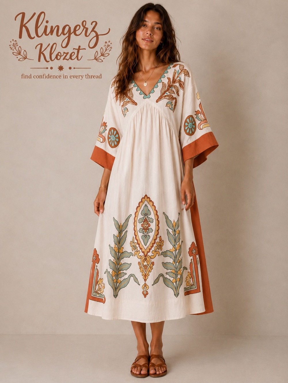 Boho Embroidered Midi Dress in Cream & Terracotta